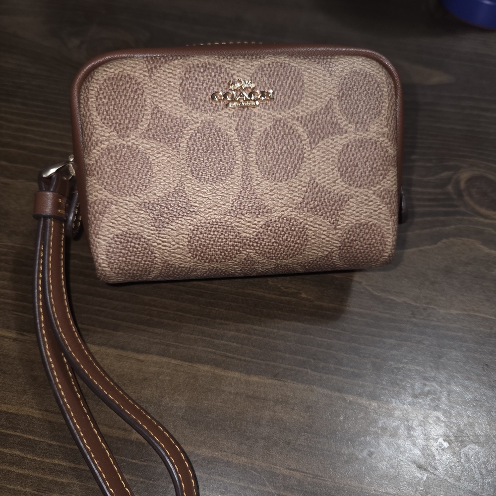 Coach Tan/Brown Small Signature Wristlet with Gold Hardware